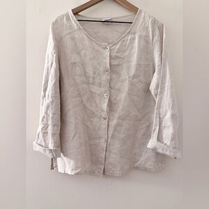 Match Point Beige Oatmeal Lagenlook Long Sleeve Linen Top button front L